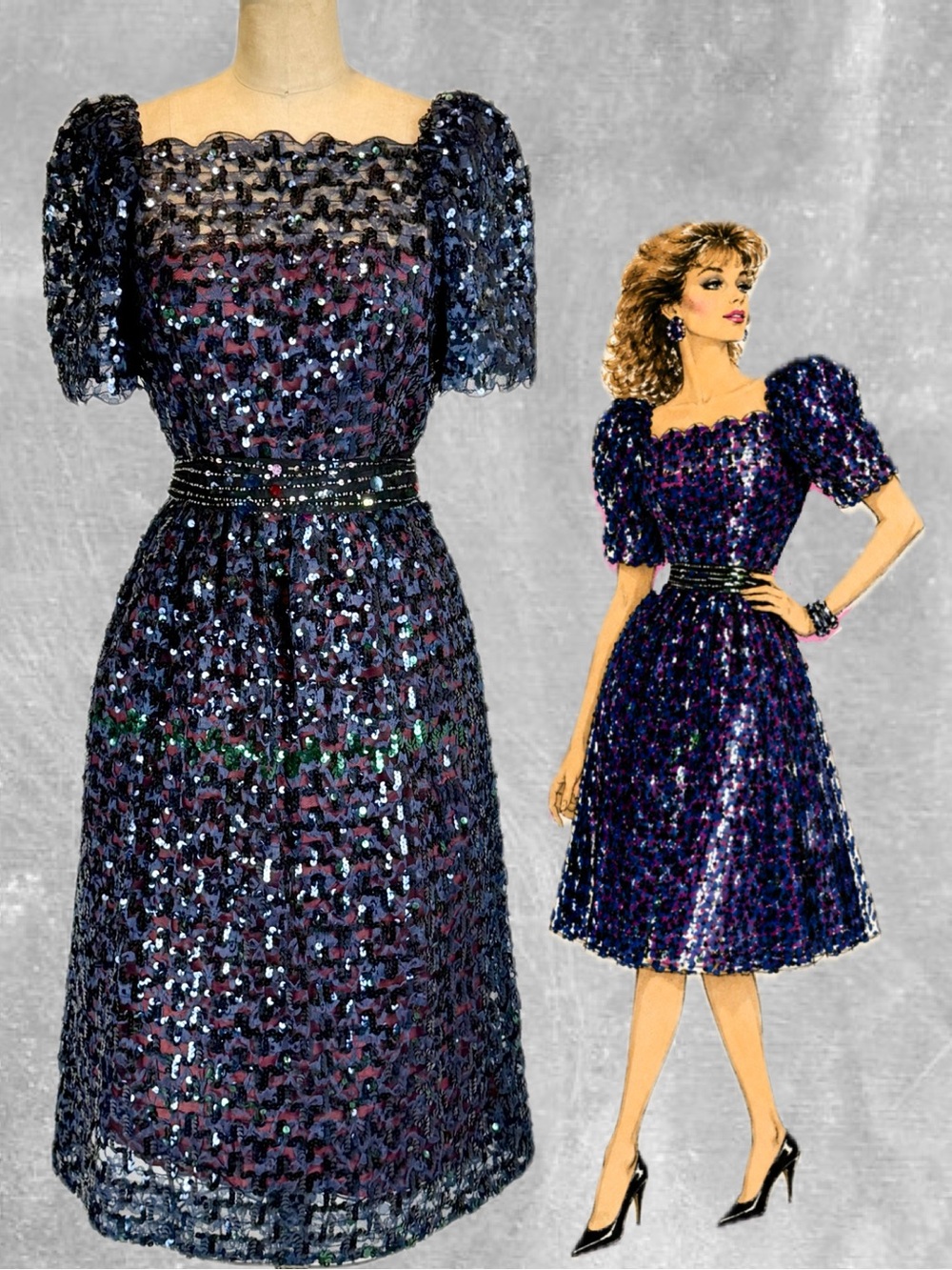 VINTAGE‎ 80s sequin sparkle party prom cocktail dress midnight blue midi short